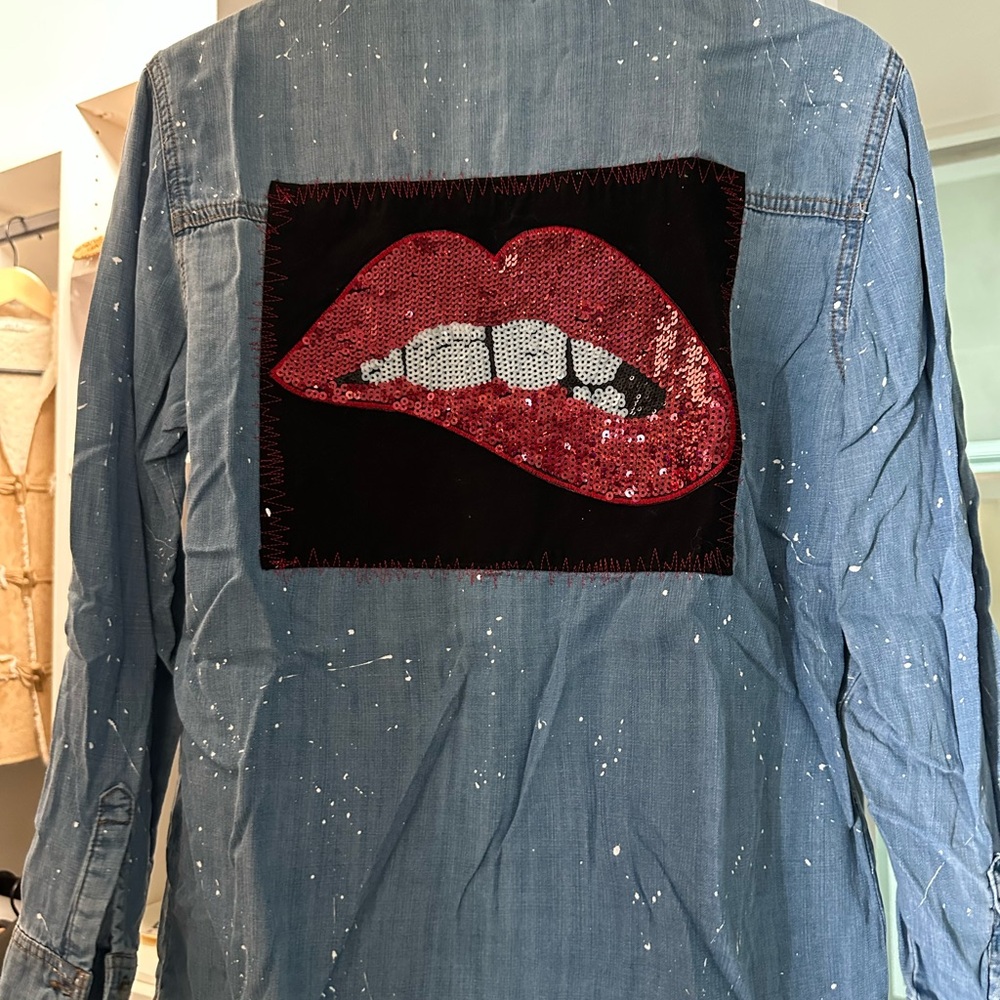Denim Jacket With Red Sequin Lips Patch - image 1